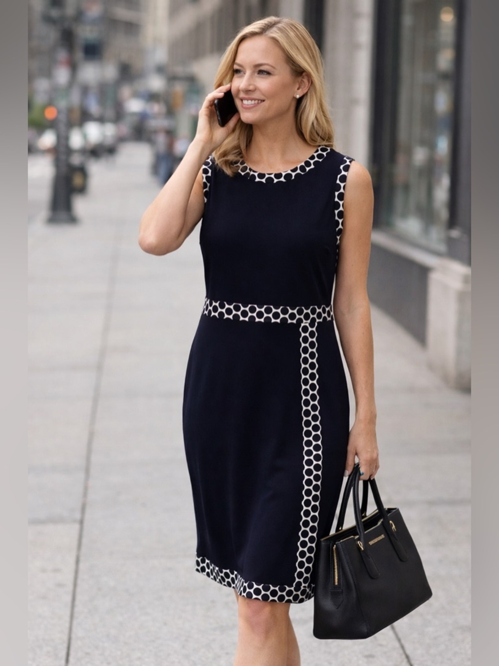 Joseph Ribkoff Navy Polka Dot Trim Sheath Dress Size 8